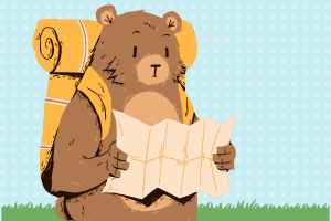 cartoon bear with hiking backpack holding a map