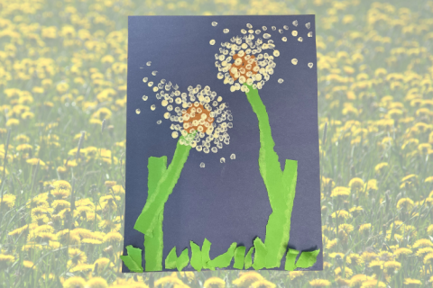 Fluffy dandelions crafted with torn construction paper and paint spots