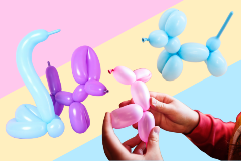 Two hands twisting snakes, dogs and other animals out of balloons