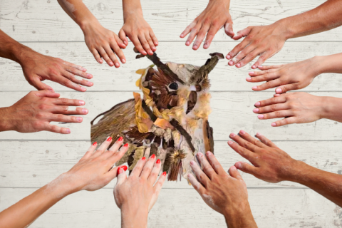 Many hands building a 2-D owl out of leaves, twigs, and other natural objects