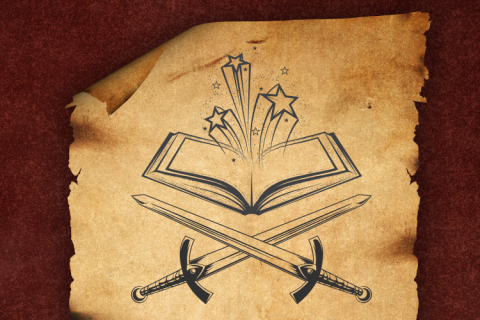 Parchment paper with outlined drawings of crossed swords and an open book