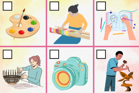 Six boxes with illustrations of art-related people and objects