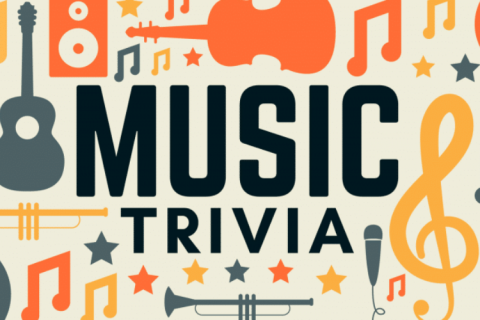 Music-related icons surrounding the words "Music Trivia"