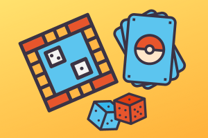 Colorful graphic of Pokemon cards, board game, and dice