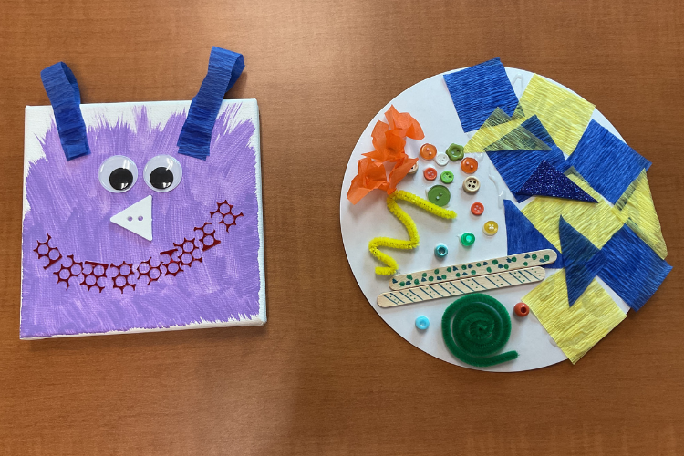 Monster face and paper plate decorated with an array of supplies