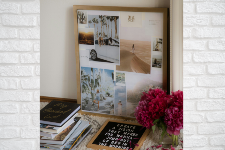 Picture frame filled with photos of locations, cars, and inspirational phrases.