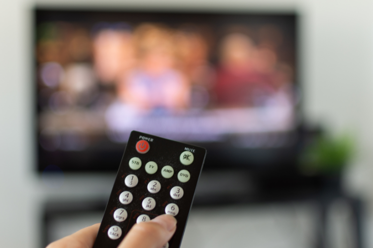 Hand holding a TV remote in front of screen.