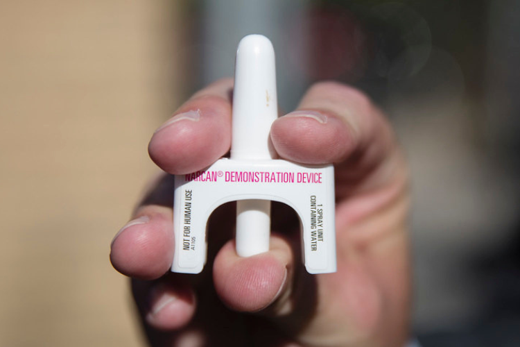 Hand holding a NARCAN training device