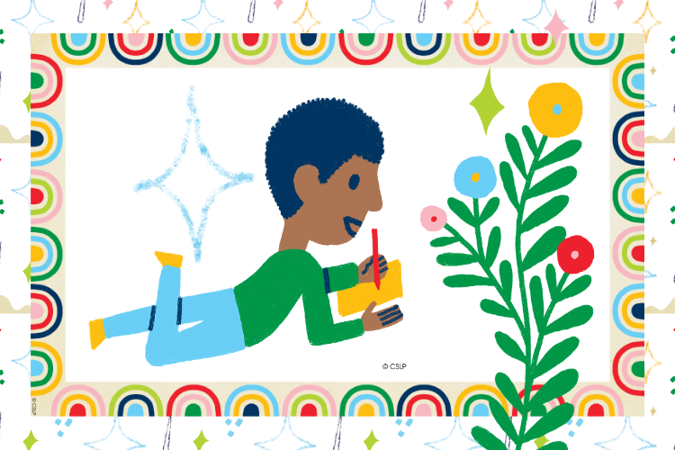 Colorful cartoon of a boy drawing on a piece of paper