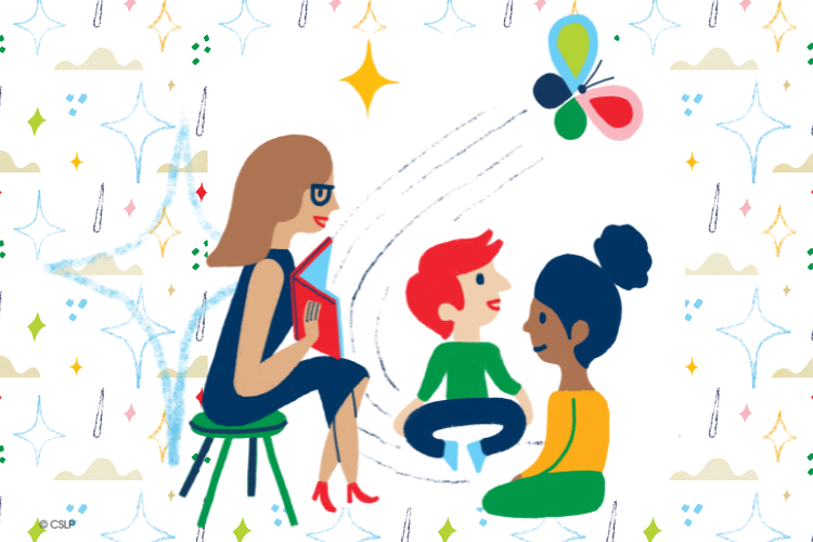 Cartoon of a woman reading a story to two children