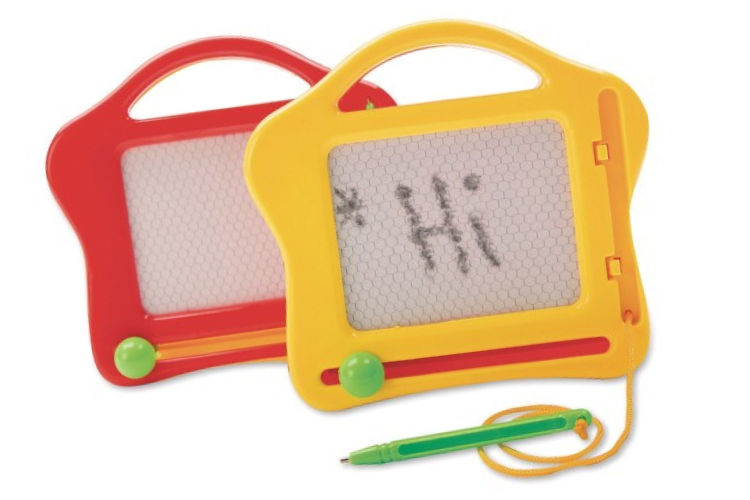 Two small toys with magnet screens and attached pen