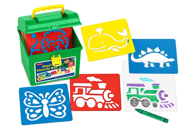 A set of full-page stencils featuring trains, dinosaurs, and more