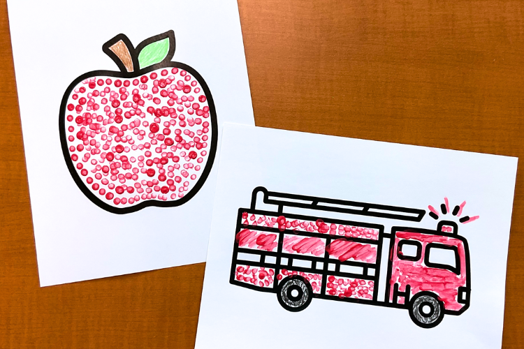 Outlines of an apple and a fire truck colored in with red dots.