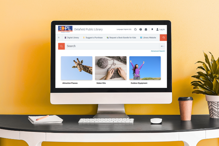 A desktop computer open to the library's new search page.